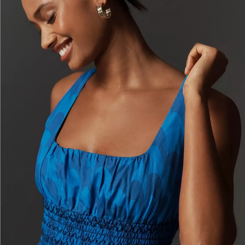 NWT Anthropologie Blue Sleeveless Smocked Square Neck Mini Dress – Size L - Picture 5 of 10